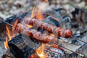 Roasted sausages on a stick over the open campfire. Outdoor food preparation