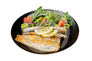 Roasted sea bass fillet with salad, Branzino fish. Isolated on white background.