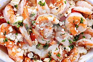 Roasted shrimp with feta cheese & tomatoes upclose