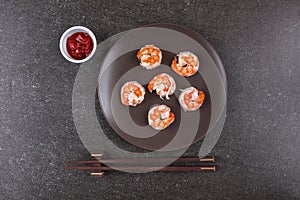 Roasted shrimps served on plate