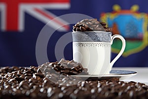 Roasted StHelena Island coffee beans with flag photo