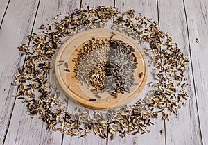 Roasted sunflower and sunflower on wooden plate with hulls around