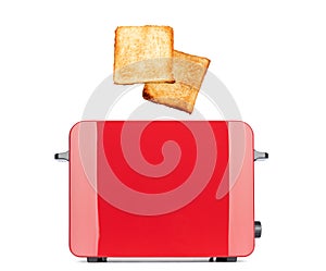 Roasted toast bread popping up of red toaster, isolated on white background. File contains a path to isolation.