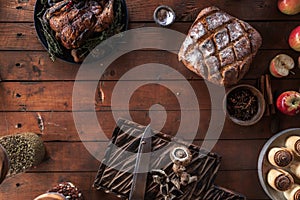 Roasted Turkey, Bread and Cinnamon Rolls on the Table