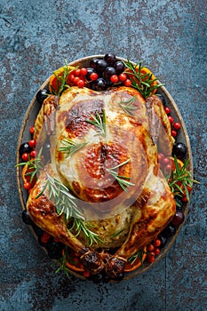 Roasted turkey or chicken for festive dinner