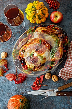 Roasted turkey or chicken for festive dinner