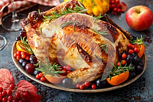 Roasted turkey or chicken for festive dinner