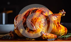 A roasted turkey on a cutting board with a knife. Delicious roasted turkey ready to be carved
