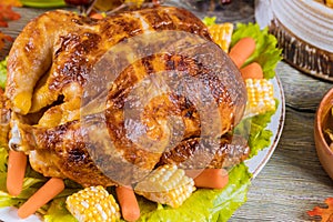 Roasted turkey dinner with corn and carrots