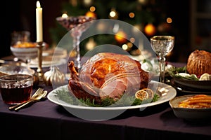 A roasted turkey is elegantly placed on a plate, ready to be served at a festive Thanksgiving gathering, A festive Christmas