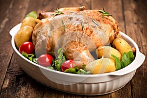 Roasted turkey garnished with potato and veg. Thanksgiving Christmas dinner. Chicken, roasted