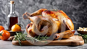 A roasted turkey with herbs on a wooden cutting board