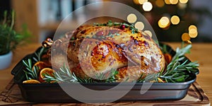 Roasted Turkey on Platter on Table