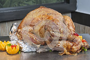 Roasted turkey at a restaurant buffet carvery