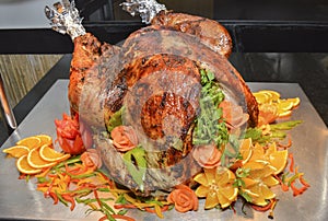 Roasted turkey at a restaurant buffet carvery