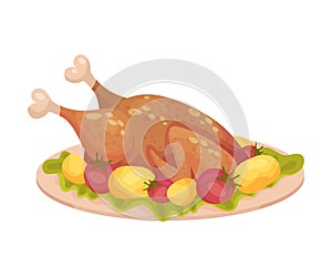 Roasted Turkey Served on Plate with Potatoes and Tomatoes as Thanksgiving Day Attribute Vector Illustration