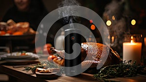 Roasted Turkey with Steam and a Black Device on a Wooden Table