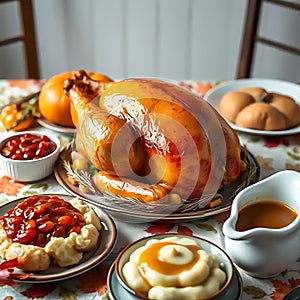 Roasted Turkey Thanksgiving Dinner Table Setting