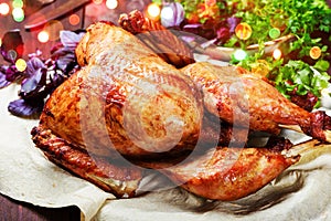 Roasted Turkey. Thanksgiving table served with turkey, decorated with greens and basil on dark wooden background. Homemade food