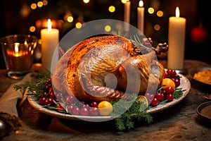 roasted turkey with vegetables and herbs is a traditional dish for thanksgiving or christmas day. ai generative