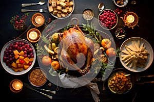 roasted turkey with vegetables and herbs is a traditional dish for thanksgiving or christmas day. ai generative