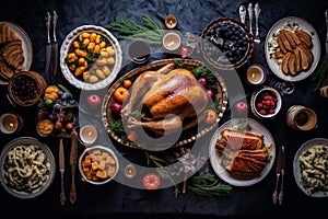 roasted turkey with vegetables and herbs is a traditional dish for thanksgiving or christmas day. ai generative