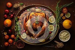 roasted turkey with vegetables and herbs is a traditional dish for thanksgiving or christmas day. ai generative