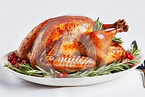 Roasted turkey on white dish garnished with fresh rosemary sprigs and red pepper corns. Traditional Christmas Thanksgiving holiday