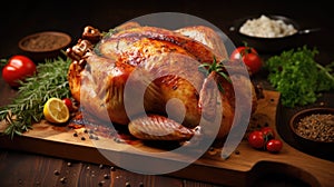 Roasted Turkey on Wooden Cutting Board