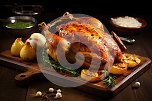 Roasted Turkey on Wooden Cutting Board