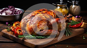 Roasted Turkey on Wooden Cutting Board