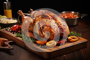 Roasted Turkey on Wooden Cutting Board