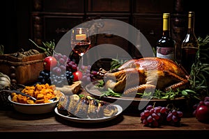 Roasted turkey on wooden table with wine, fruit and crackers, Rustic Thankgiving Dinner, AI Generated