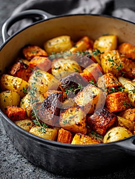Roasted vegetables in a black pot with herbs and thyme.