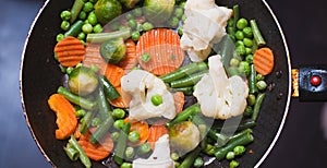 Roasted vegetables in a frying pan, a vegetable stew on top,