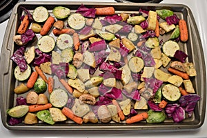 Roasted vegetables red cabbage, carrots, Brussels sprouts, yellow and zucchini squash, mushrooms, white potatoes, with rosemary, o