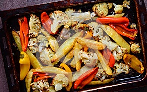 Roasted veggies in a baking tray