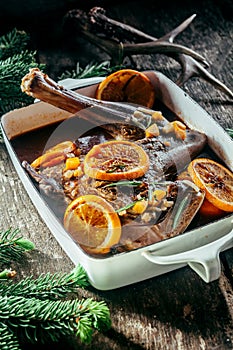 Roasted Venison Haunch in Pan with Citrus Slices