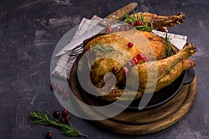 Roasted whole chicken on black background