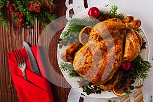 Roasted whole chicken with Christmas decoration