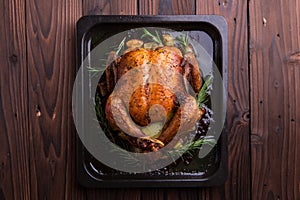 Roasted whole chicken / turkey for celebration and holiday. Christmas, thanksgiving, new year's eve dinner