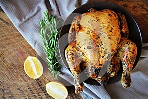 Roasted whole chicken or turkey for celebration and holiday. Christmas, thanksgiving, new year`s eve dinner
