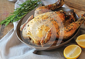 Roasted whole chicken or turkey for celebration and holiday. Christmas, thanksgiving, new year`s eve dinner