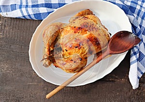 Roasted whole chicken or turkey for celebration and holiday. Christmas, thanksgiving, new year's eve dinner