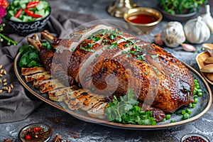 Roasted Whole Duck Garnished with Fresh Herbs on Festive Table, Accompanied by Grilled Vegetables and Spices