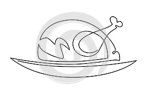 Roasted whole poultry on a platter: chicken, turkey. Humorous illustration. Vector continuous line drawing, isolated on white