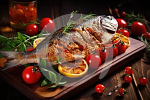 Roasted whole sea bream fish with vegetables