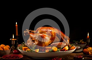 Roasted whole turkey on dark background with candles. Thanksgiving Day. Banner.