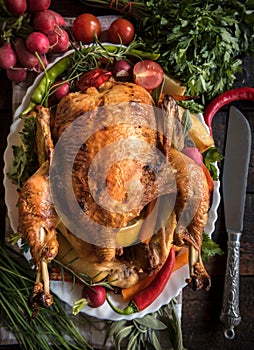 Roasted whole turkey and vegetables