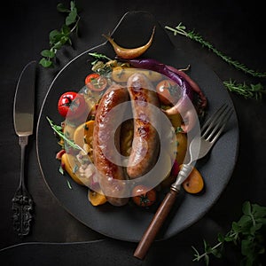 Roasted wieners with potatoes and vegetables on the table in close-up.